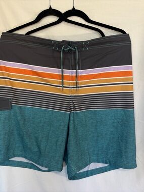 George Teal Swim Shorts with Multicolor Stripe Panel